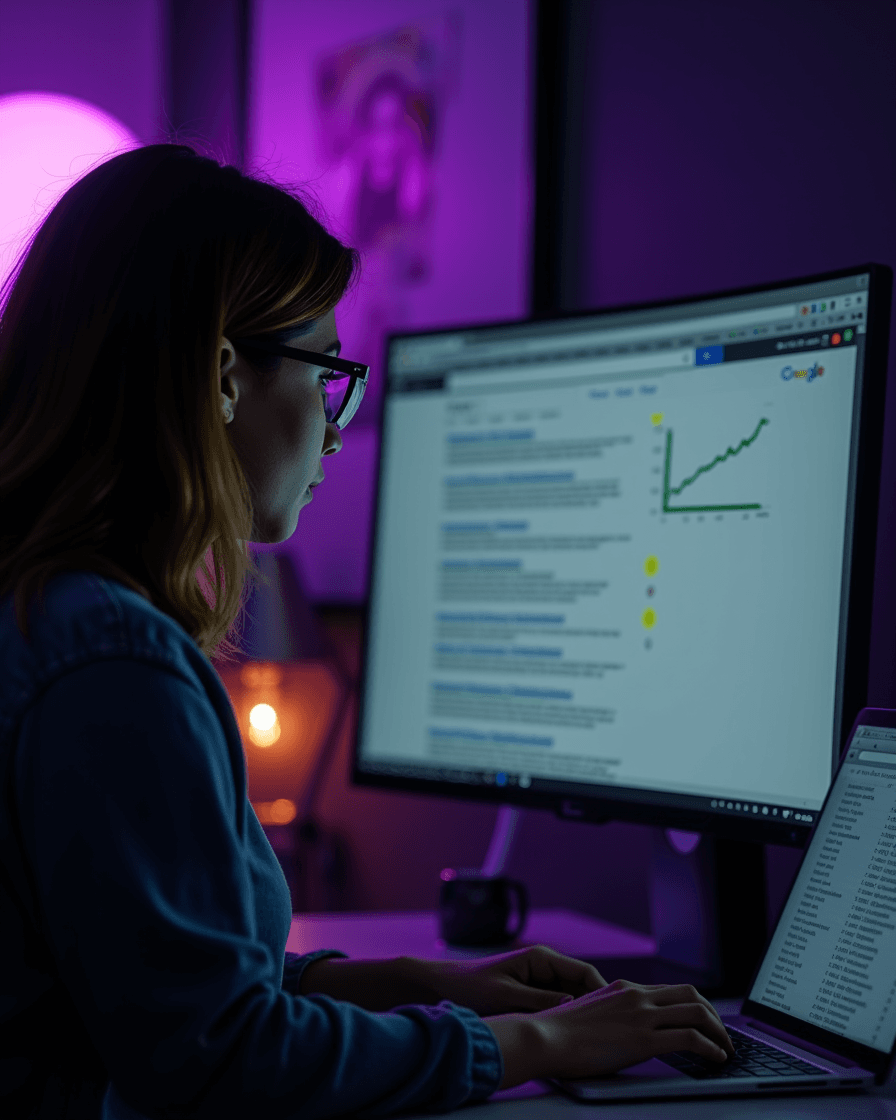 Content writer reviewing SERP rankings dashboard