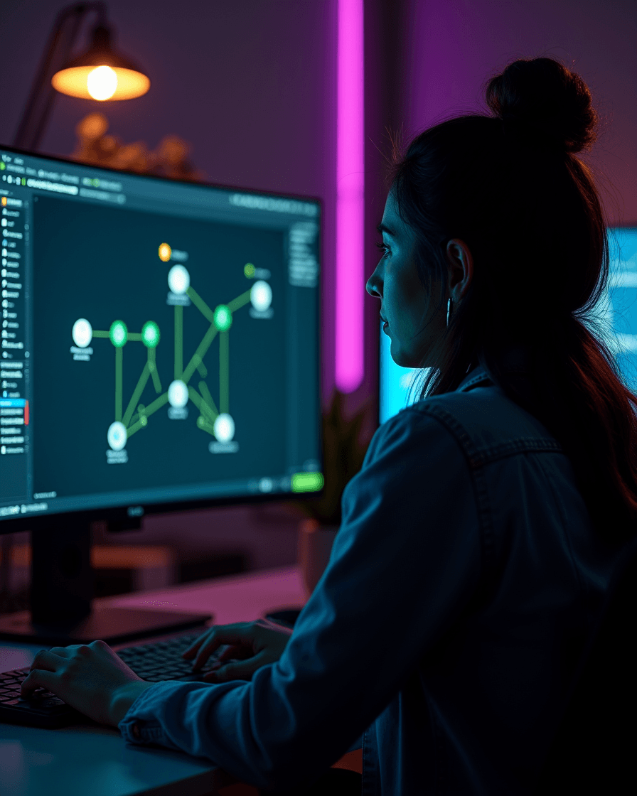Marketer reviewing flow diagram + dashboard