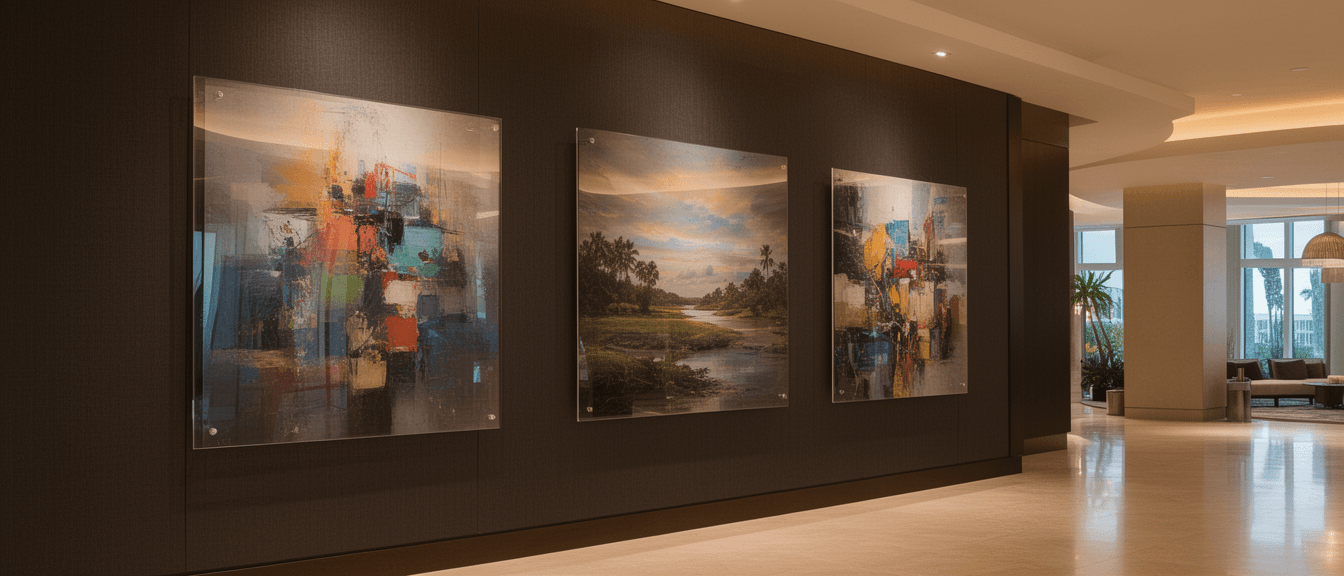 Acrylic gallery photo prints mounted on a wall