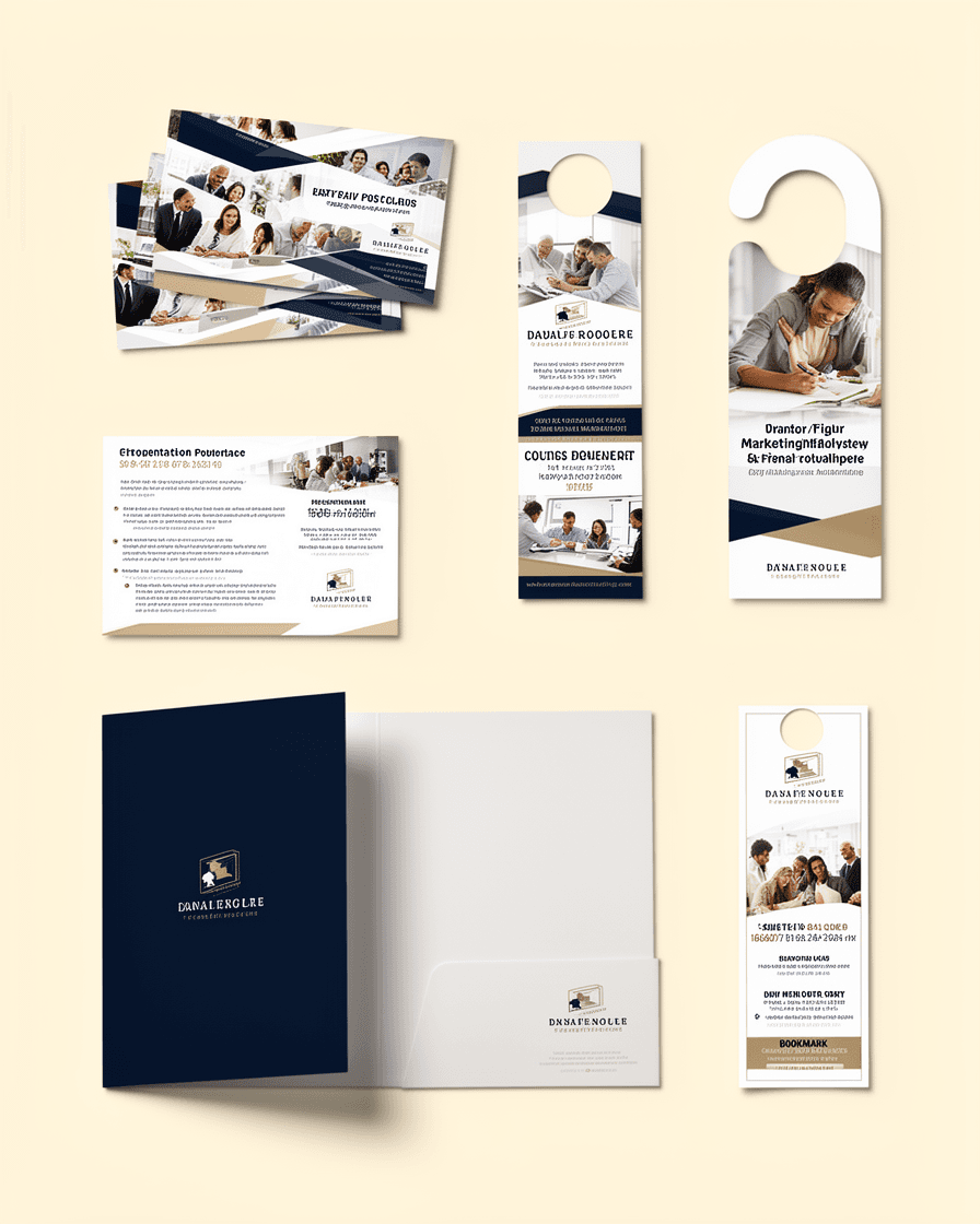 Marketing collateral — brochures, postcards, folders spread out